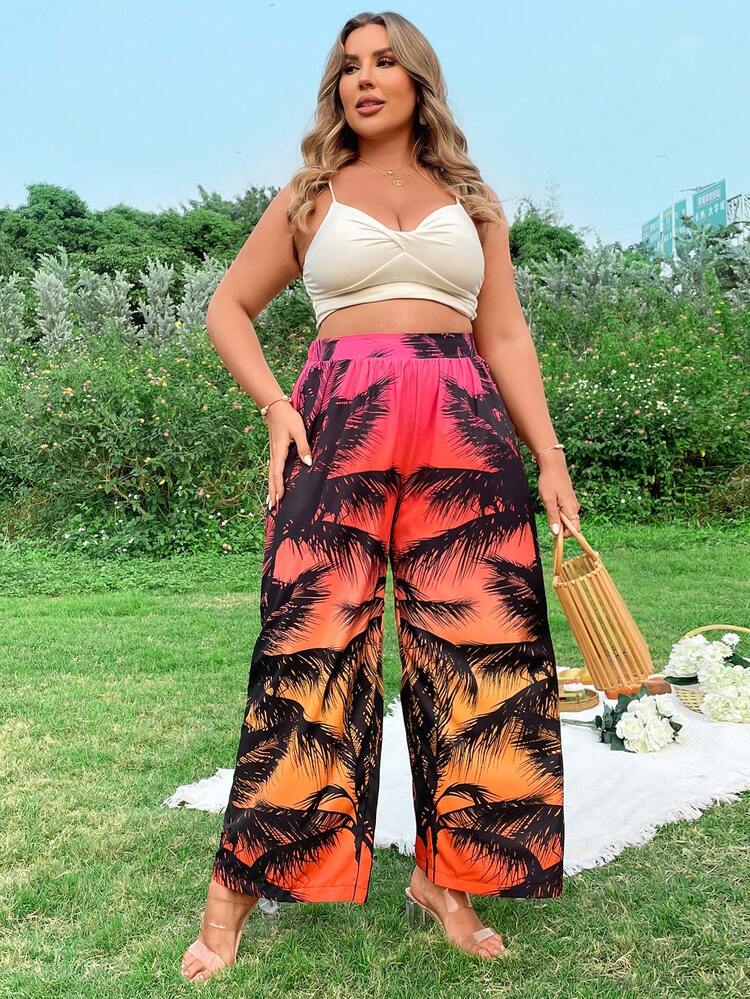 Plus Size Ombre Coconut Tree Printed Wide Leg Pants Fall Cloth For Women