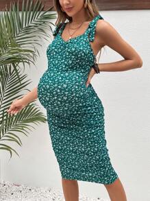 SHEIN Maternity Floral Print Shoulder-Tie Ruched Dress - Green - View 5