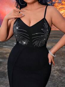 SHEIN SXY Plus Size Women's Black Summer 70's Night Out Club Party Rave Music Festival Country Concert Heavy Duty Rhinestone Studded Bandage Cami Dress - Black - View 8