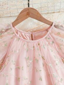 SHEIN Glamorique Kids 女童少女夏季双层网眼刺绣荷叶边袖 A 字裙公主度假派对连衣裙