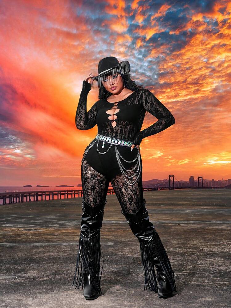 Plus Size Women's Sexy Rave Party Music Festival Country Women's Round Neck Fishnet Seamless High Elastic Lace Hollow Out Long Sleeve Jumpsuit And Pants Set