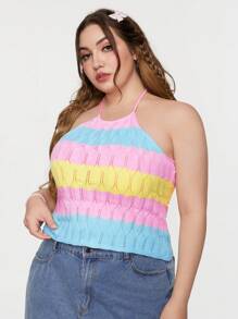 SHEIN Qutie 大码蓝色、粉色、黄色拼色吊带针织上衣 - 彩色 - 查看 4