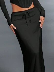 SHEIN BAE 緞面人魚款式低腰優雅長派對裙適用約會 - 黑色 - 查看 6