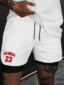 Manfinity Homme 男士字母印花束口腰短褲 - 黑與白 - 查看 1