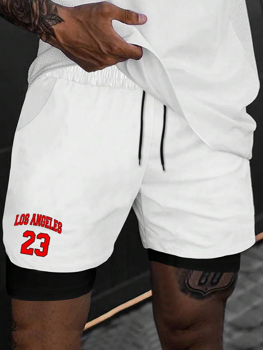 Manfinity Homme 男士字母印花束口腰短褲 - 黑與白 - 查看 1