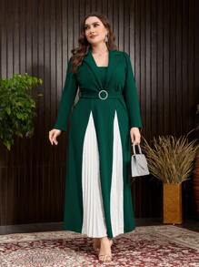 Modelyn Plus Size Color Block Plisowana Sukienka Z Kołnierzykiem Z Klapami I Paskiem W Talii Maxi Strój Damski Długie Sukienki Wieczorowe
