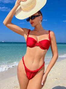 SHEIN Swim 2025 Women Summer Beach Solid Color Sexy Bikini Set(With Underwire) Red Bikini Setred Swim Suitpush Up Bathing Suit