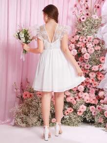 SHEIN Teen Girl Embroidered Mesh Splice Chiffon Swing Dress With V Neck Back And Short Flutter Sleeves - White - View 4