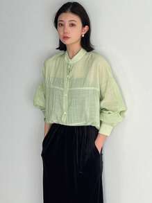 FRIFUL Women's Stand Collar Drop Shoulder Long Sleeve Shirt Sheer