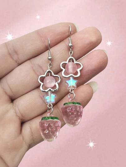 Kawaii Stella Adorna Di Argilla Polimerica Carina, Orecchini A Pendaglio A Forma Di Fragola Con Perline, Gioiello Regalo