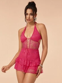 Women Dresses Backless Lace Up Tie Back Plain Seksi - Hot Pink - View 5