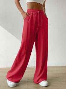 SHEIN EZwear Women's Summer Solid Color Beige High Waist Drawstring Waist Linen Wide Leg Pants - Red - View 3