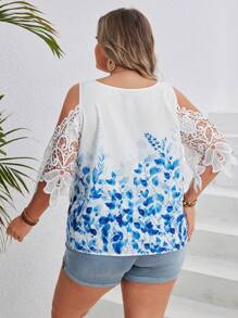 SHEIN VCAY Plus Size Floral Printed Lace Patchwork Cold Shoulder Round Neckline Blouse For Summer - Multicolor - View 5