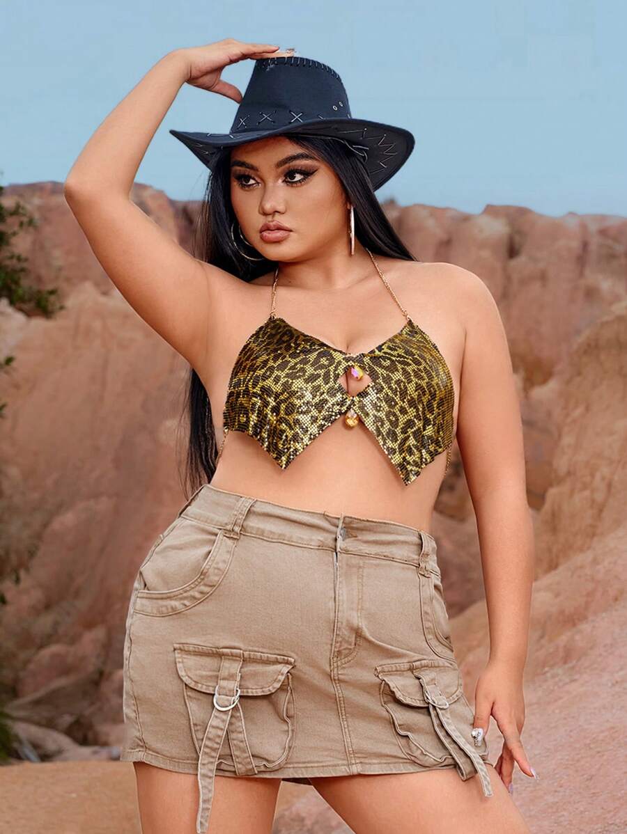 SHEIN SXY Plus Size Women's Rave Party Music Festival  Sexy Hot Girl Nightclub Charming  Leopard Print Asymmetrical Hem Halter Neck Tank Top - Gold - View 1