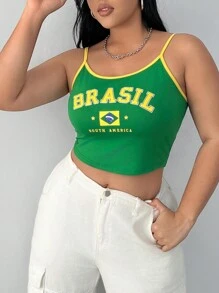 SHEIN CURVE+ Women's St Patrick Green Spring Break Plus Size Brazil Flag & Letter Pattern Cami Top - Multicolor - View 2