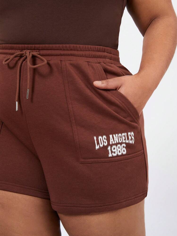 Plus Size Women's Letter Printed Drawstring Waist Shorts