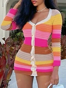 Color Block Button Front Bodycon Sweater Dress