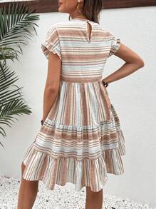 SHEIN Maternity Striped Round Neck Batwing Short Sleeve Dress With Ruffled Hem - Multicolor - View 2