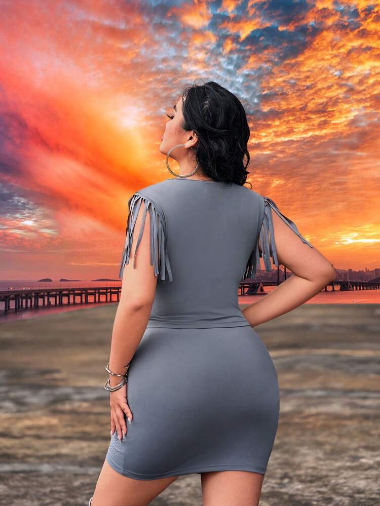 Plus Size Women's Spring Summer  Rave Party Music Festival Country Concert  Music Festival Fringed & Rhinestone Decor Top And Bodycon Mini Skirt