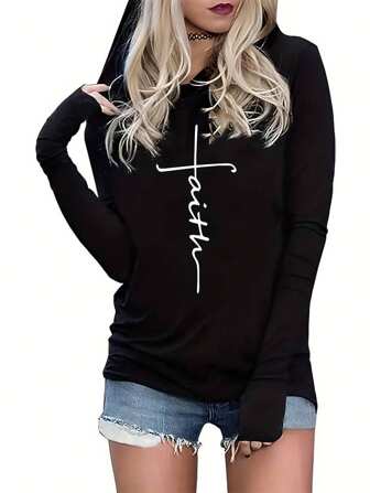 Camiseta con capucha de manga larga informal y versátil con estampado de letras para mujer