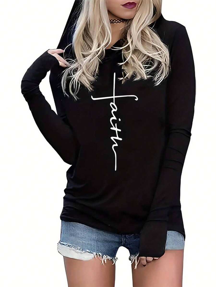 女士休闲百搭字母印花长袖连帽 T 恤