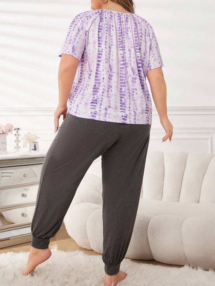 Plus Size Tie-Dye Short Sleeve Top And Pants Pajama Set