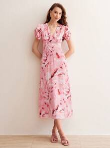 MOTF PREMIUM 絲質全印花v領褶皺泡泡袖連身裙 - 粉色 - 查看 10