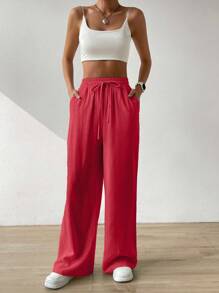 SHEIN EZwear Women's Summer Solid Color Beige High Waist Drawstring Waist Linen Wide Leg Pants - Red - View 6