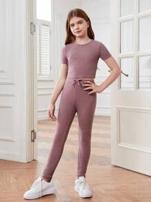 SHEIN Conjunto de pijama tejido para niña adolescente con parte superior de cuello redondo y pantalón de unicolor - Púrpura polvoriento - Ver 4