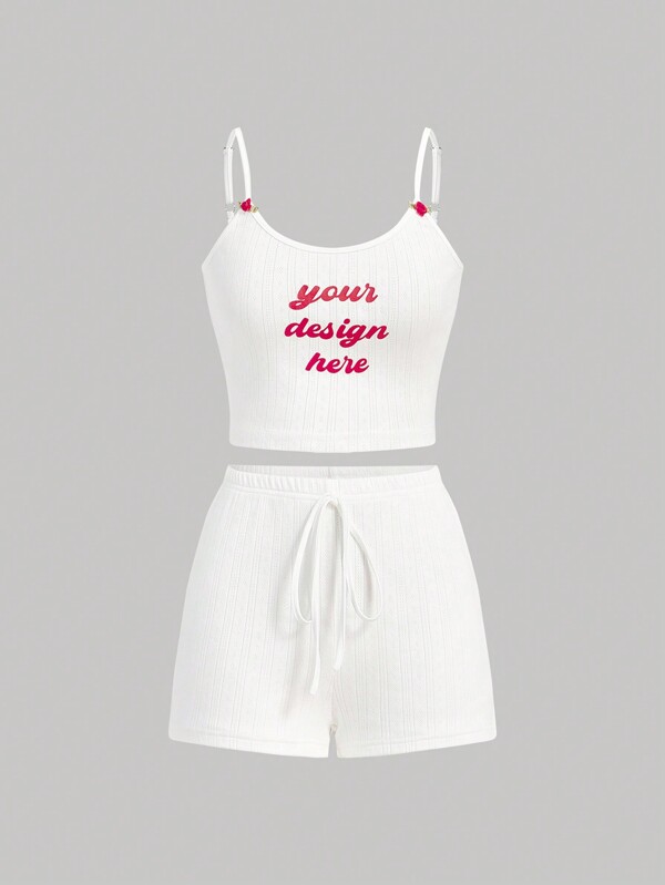 SHEIN Qutie Top Sin Mangas De Cuello Redondo Con Estampado De Lema Y Pantalones Cortos Con Cintura Elástica