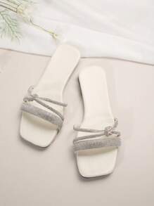 Của phụ nữ Màu be Chóp giầy hình vuông Dép xăng đan , Đồ trang trí Rhinestone , Mùa hè Hàn Quốc Phong cách Bằng phẳng Chóp giầy mở ra Giày dép - Màu be - Xem 3