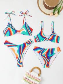 2 piezas/Set Bikini de verano para adolescente con parte superior con tirantes de espagueti de varios colores ajustables y retorcidos adelante y Bottom de bikini de varios colores, conjunto de bikini de verano, conjuntos a juego madre e hija (se venden 2 sets por separado) Playa de verano