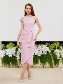 MOTF PREMIUM CONTRAST BEADED RAGLAN SLEEVE BOW WAIST WRAP HEM DRESS,HOLIDAY PARTY BIRTHDAY FORMAL EVENING OCCASSION - Pink - View 5