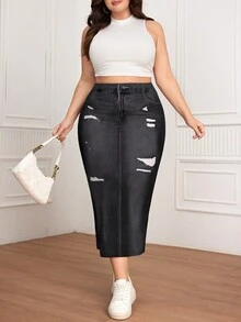 SHEIN Essnce 加大尺碼牛仔效果高腰A字裙（非真牛仔） - 黑色 - 查看 4