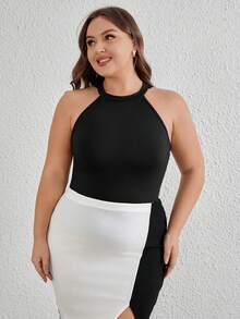SHEIN Privé Áo ba lỗ cổ không tay có ren phối ren dành cho nữ cỡ lớn - màu đen - Xem 5