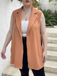 Celure 大尺寸純色翻領前開西裝背心 - 卡其色 - 查看 3