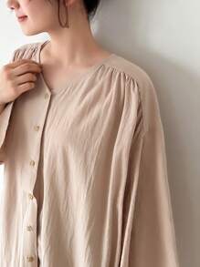 FRIFUL Women's Solid Color Single-Breasted Drop Shoulder Dress - Apricot - View 10