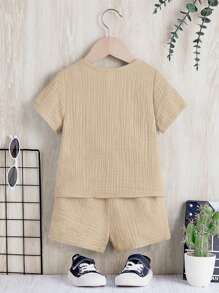 SHEIN Leap Crew Đứa bé trai Nút lên Tay áo ngắn Áo sơ mi Và Quần short Giải trí Thoải mái - Màu be - Xem 2