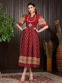 Al Najma 女士全印花缺口领系带阿拉伯风格晚礼服，优雅晚会礼服 - 紅色 - 查看 6