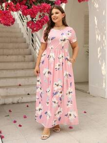 Nemidor Plus Size Floral Print Round Neck Empire Waist Midi Dress - Pink - View 4