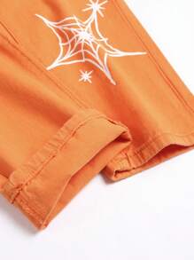 万圣节男士蜘蛛网印花破洞牛仔裤 - 橘色 - 查看 3