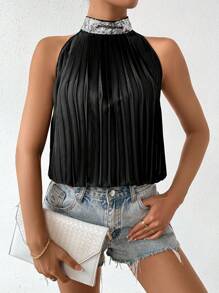 Chiquease Sequin Patchwork Stand Collar Pleated Halter Neck Blouse - Black - View 6