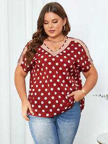 SHEIN Clasi 大尺寸波點拼接網紗蝙蝠袖襯衫 - 紅白色 - 查看 5