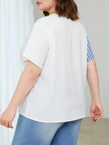 SHEIN Essnce 大尺碼格紋拼接下擺不對稱領口襯衫,帶缺口領口 - 彩色 - 查看 2