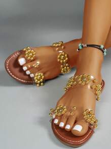 Phụ Nữ Mùa Hè Mới Dép Ngọc Trai Đi Biển Sang Trọng, Thoải Mái Và Dễ Thương Dép Đế Bằng Vàng - Vàng - Xem 1