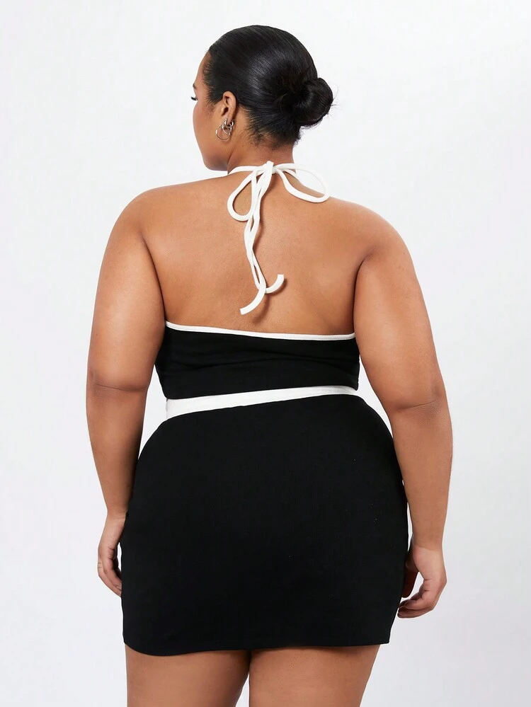 Plus Size Casual Crop Top With Letter Print And Drawstring Waist Midi Skirt Set