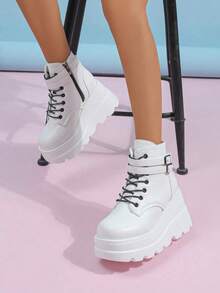 ROMWE Kawaii 女士側拉鍊厚底純色踝靴和短靴 - 白色 - 查看 3