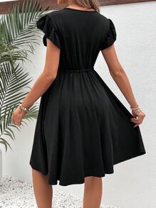 SHEIN Thai sản Màu sắc Chặn Ren Nối Xù Hoa Sen Eo dây rút Đầm - màu đen - Xem 3