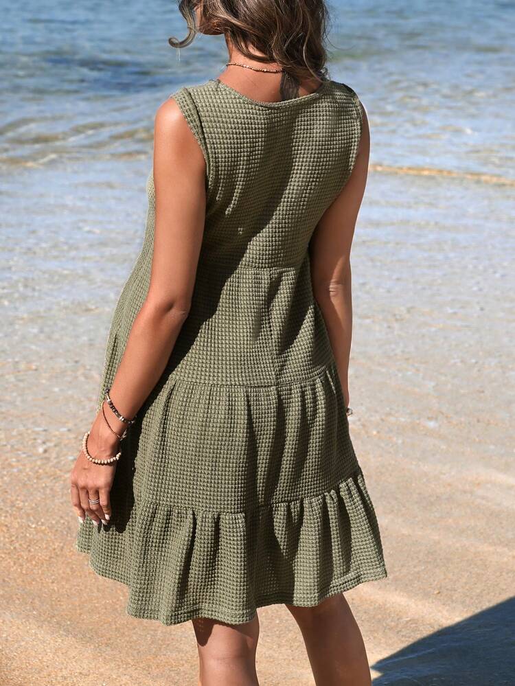 Maternity Textured Dress With Ruffle Hem And Patch Pockets