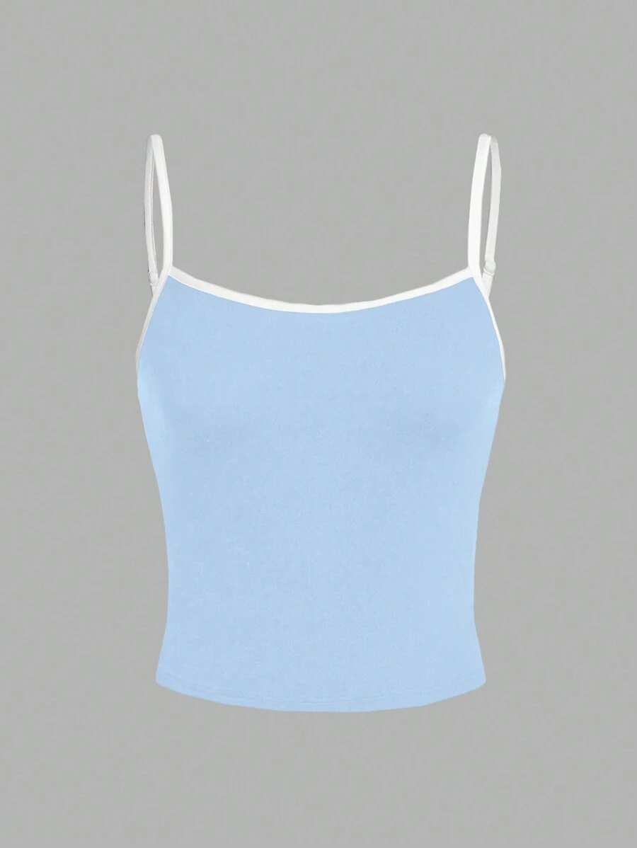 SHEIN EZwear 休闲简约撞色吊带背心适合夏季修身女士吊带背心 - 淺藍色 - 查看 1